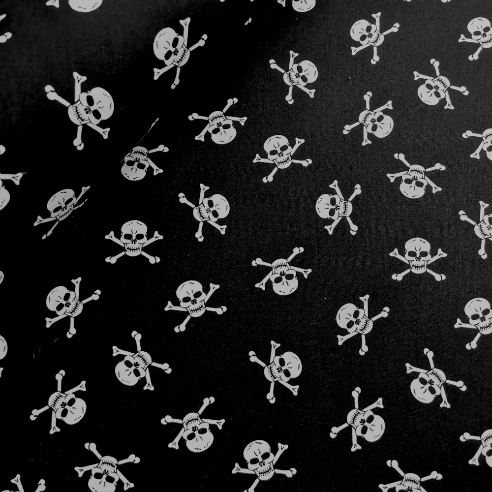 100 Cotton Fabric White Skull and Crossbones on Black